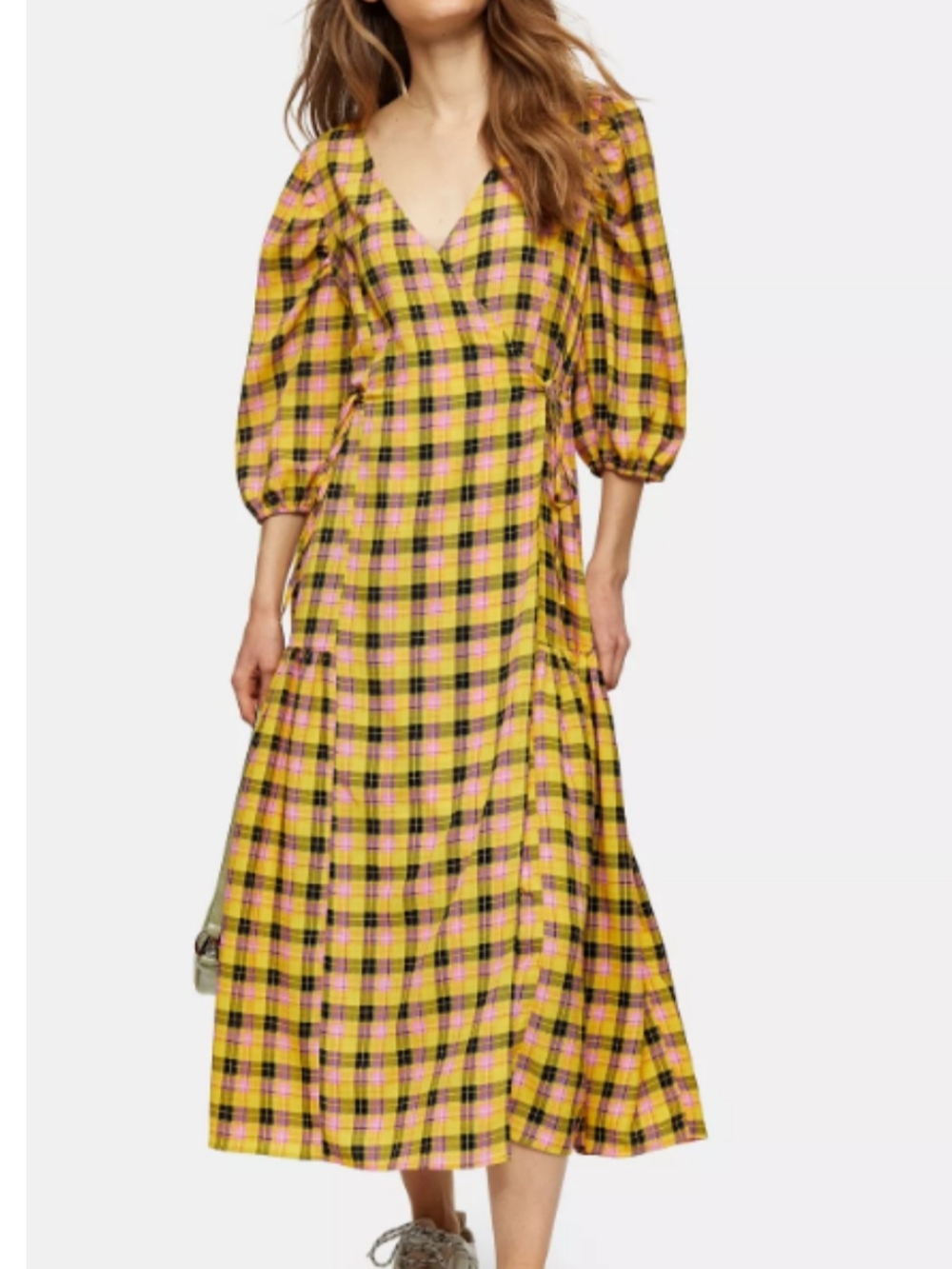 Topshop Pink and Yellow Plaid V-Neck Midi Dress with Puff Sleeves
